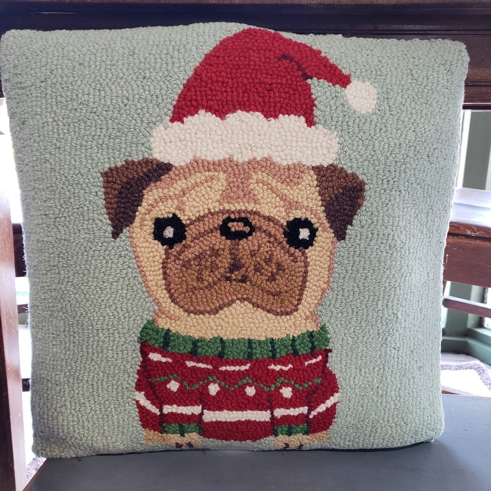 Christmas Fawn Pug Dog Santa Hat Sweater‎ Wool Hooked Pillow 16"x16" NEW Peking